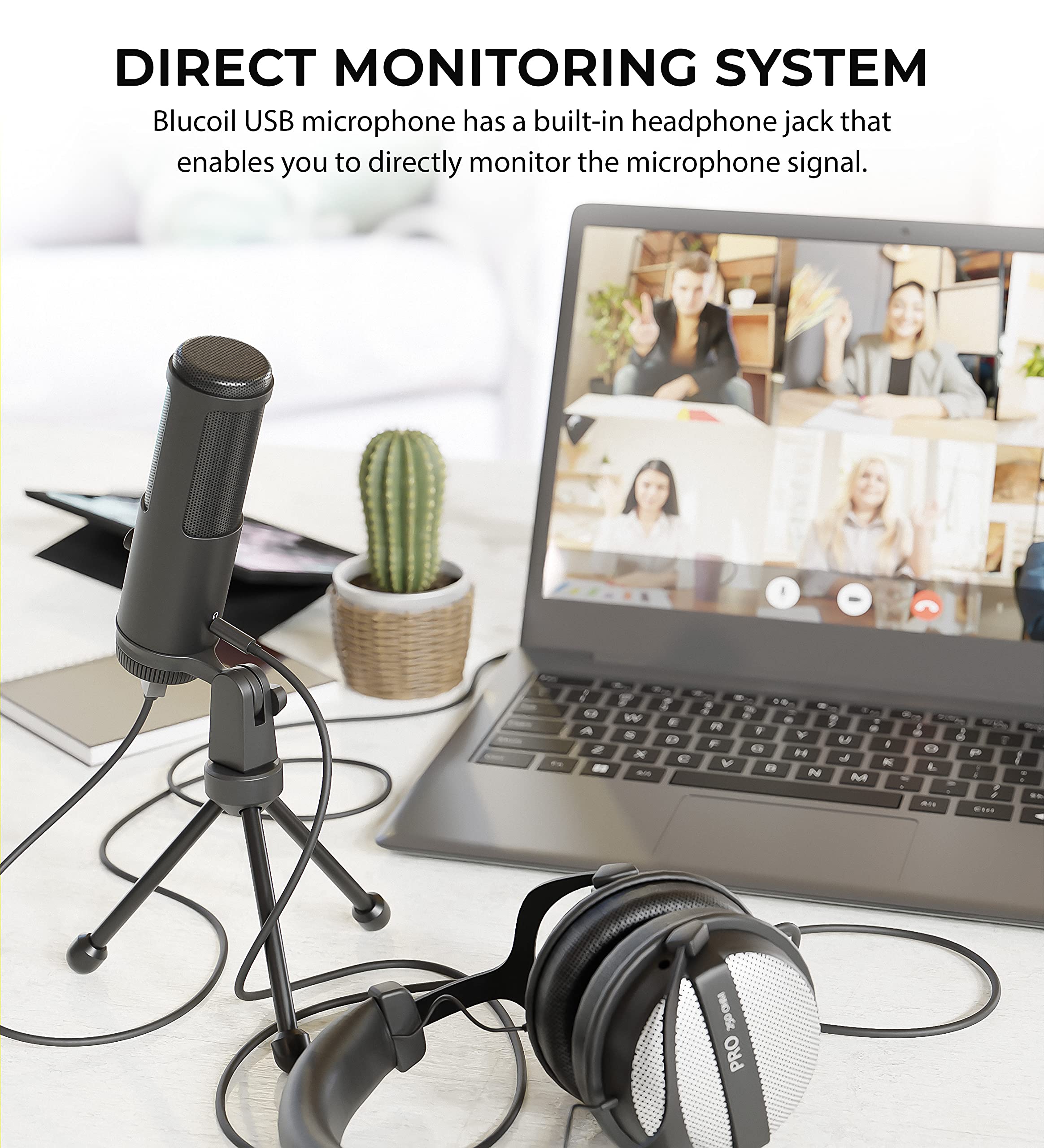 blucoil USB Cardioid Condenser Microphone with Built-in Headphone Jack, Volume Control, Mute Button for Windows, Mac, Linux, and